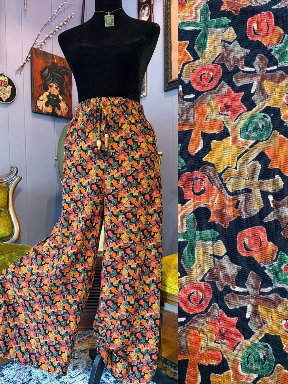 Vintage 90s Carole Little “Autumn Delight” Boho Abstract Wide Leg Pants Size 12